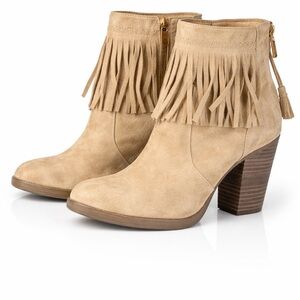 American Eagle Outfitters Tan Suede Fringe Western Booties Block Heel Sz 10
